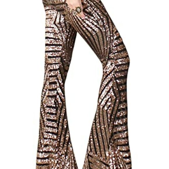Geometric Sequin Pants, Sequin, Pants, XL, 12, Bell Bottom, high waisted, Bronze - Picture 1 of 6